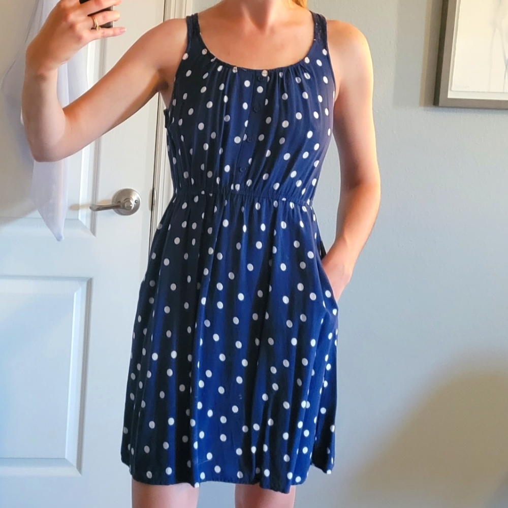MOSSIMO- Blue polka dot sleeveless dress with pockets, lace detail on back, XS
